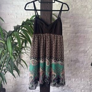 PINKY Vintage Y2K Mini Dress Paisley Boho Print Strappy Chiffon Dress Size M